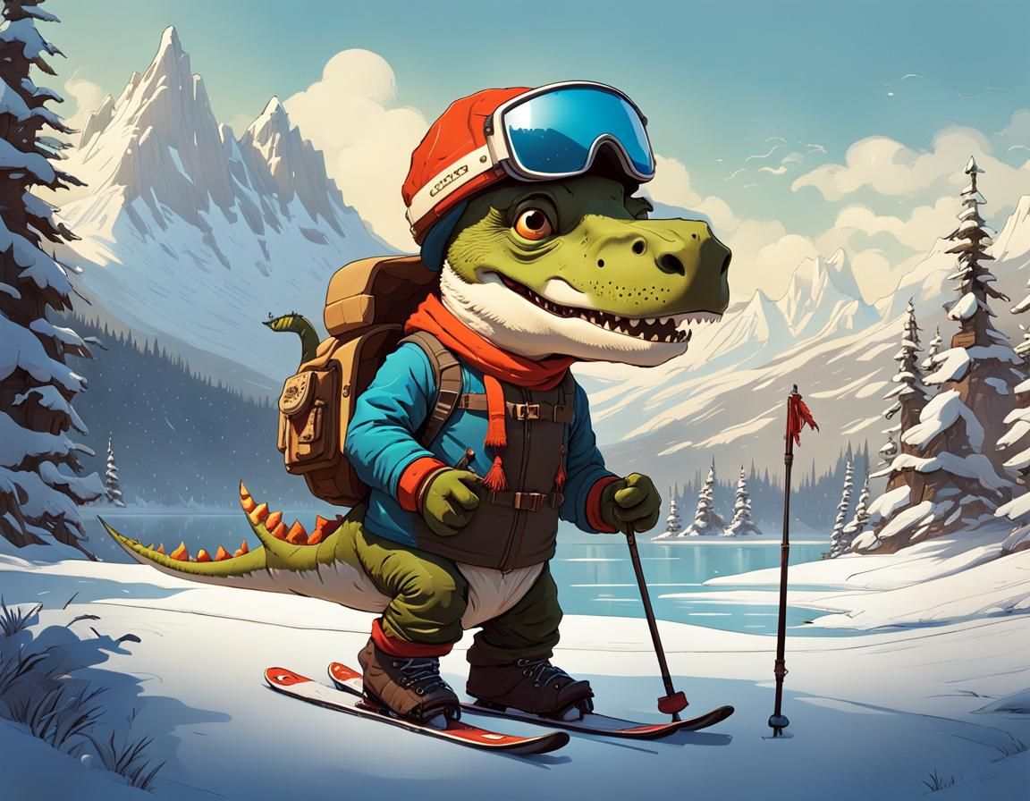 Dinosaur Ski Instructor Checking The Trail