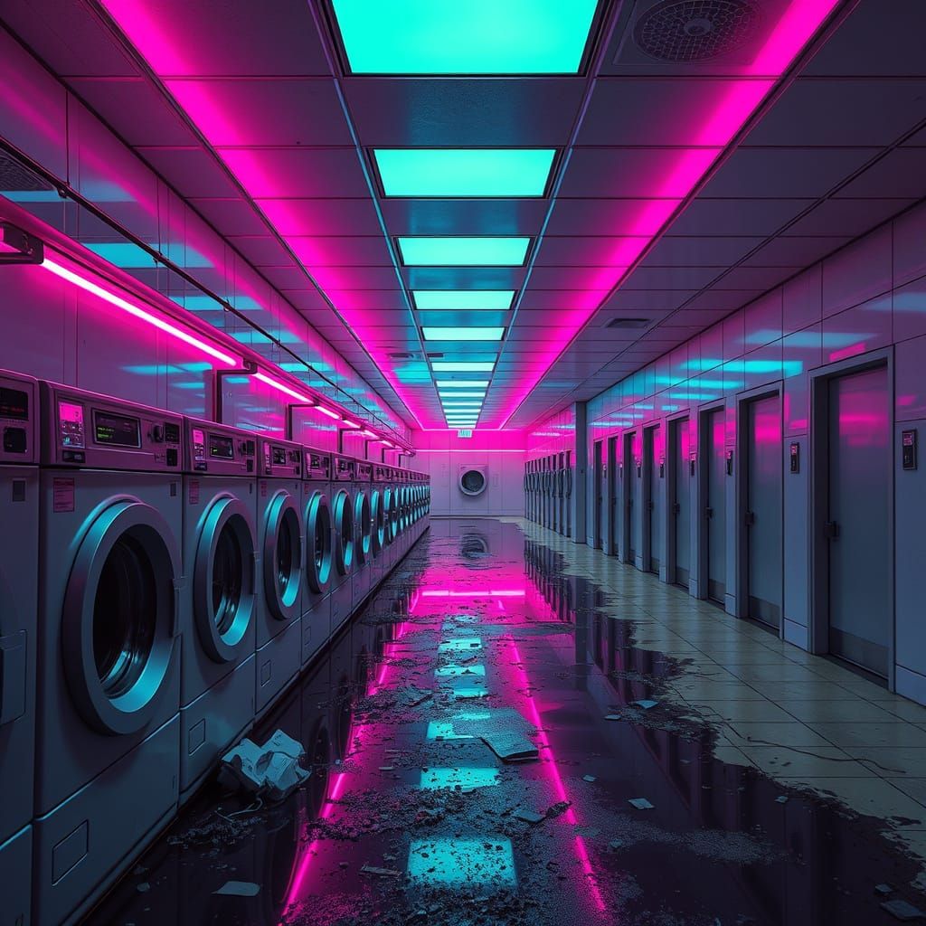 Neon Dreams in a Forgotten Laundry Room