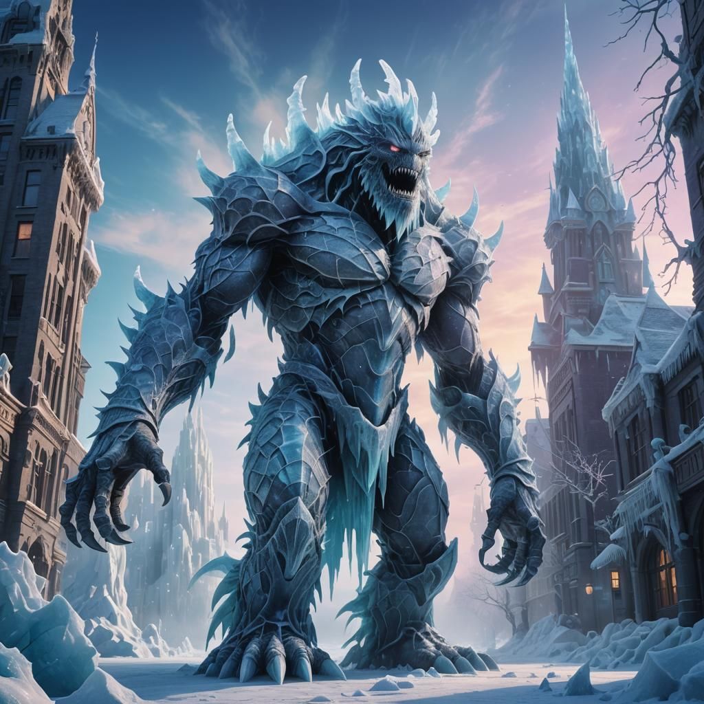 Icy Guardian: Fantastical Ice Monster in Frozen City
