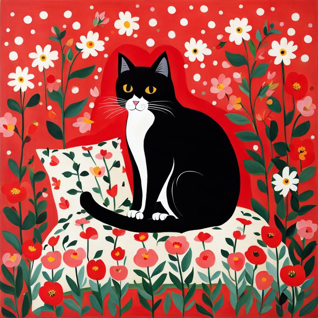 Cat and Flowers in Naive Folk Art Style