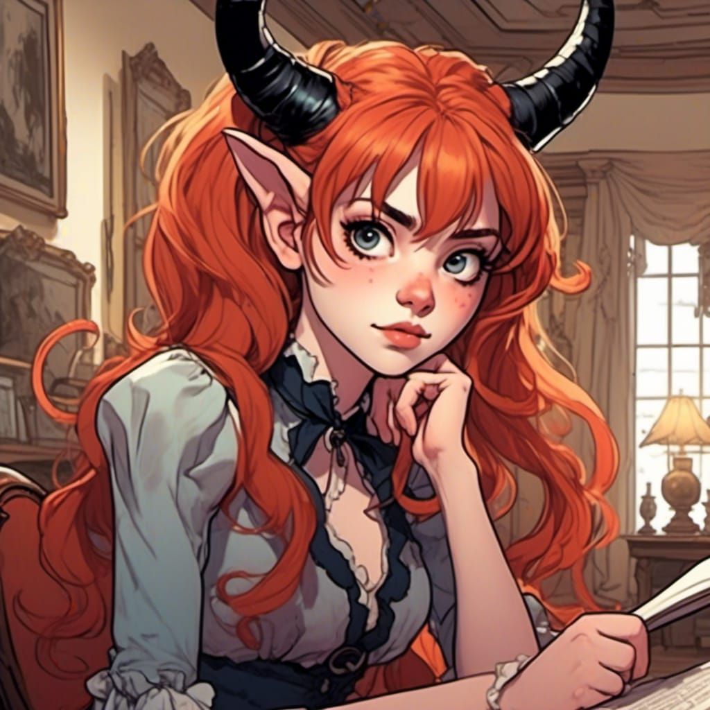 Comic Book Tiefling Girl in Victorian Setting
