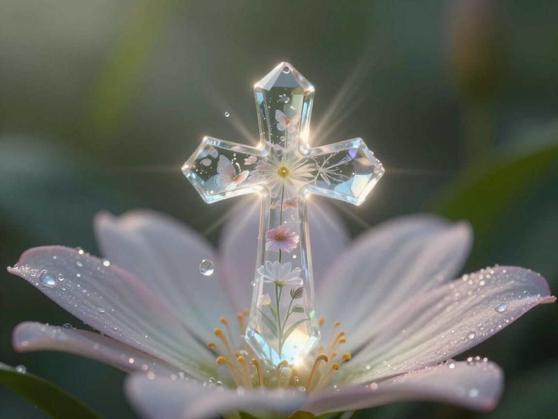 Crystal Cross in Water Droplet Macro 3D Render