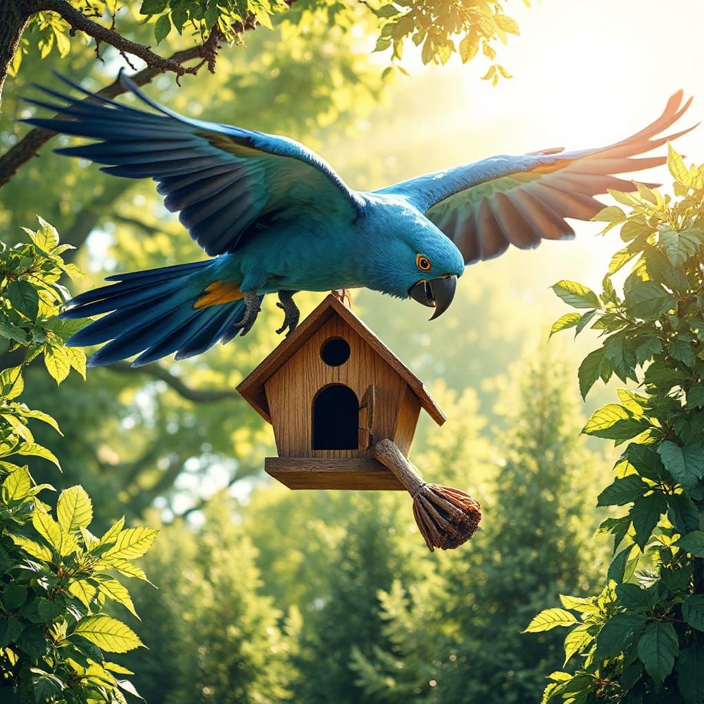 Blue Macaw Soaring Above Birdhouse, Ross Style