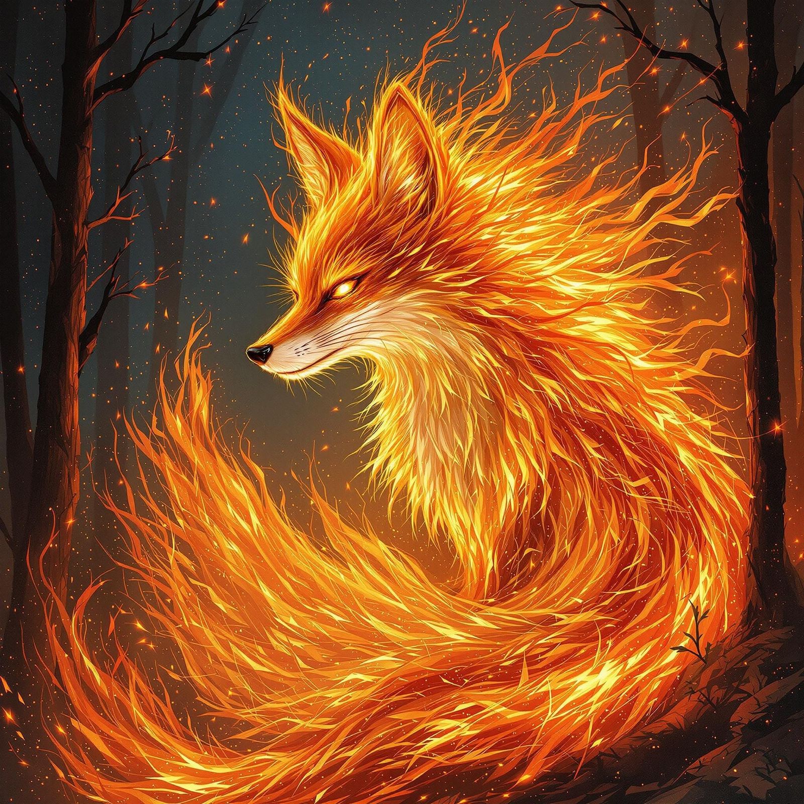 Magical Fire Fox Kitsune in Burning Forest