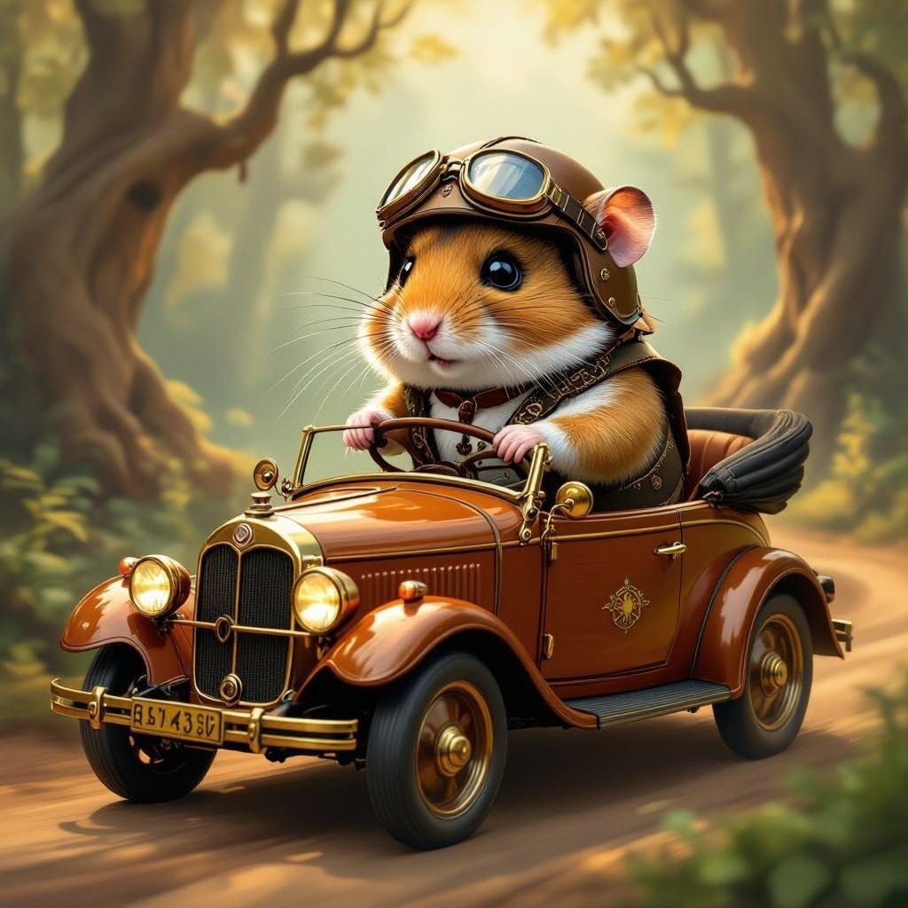 Whimsical Hamster in Vintage Steampunk Carriage