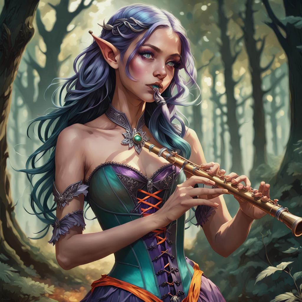 Young Elf Portrait with Flute, Hyperdetailed Art