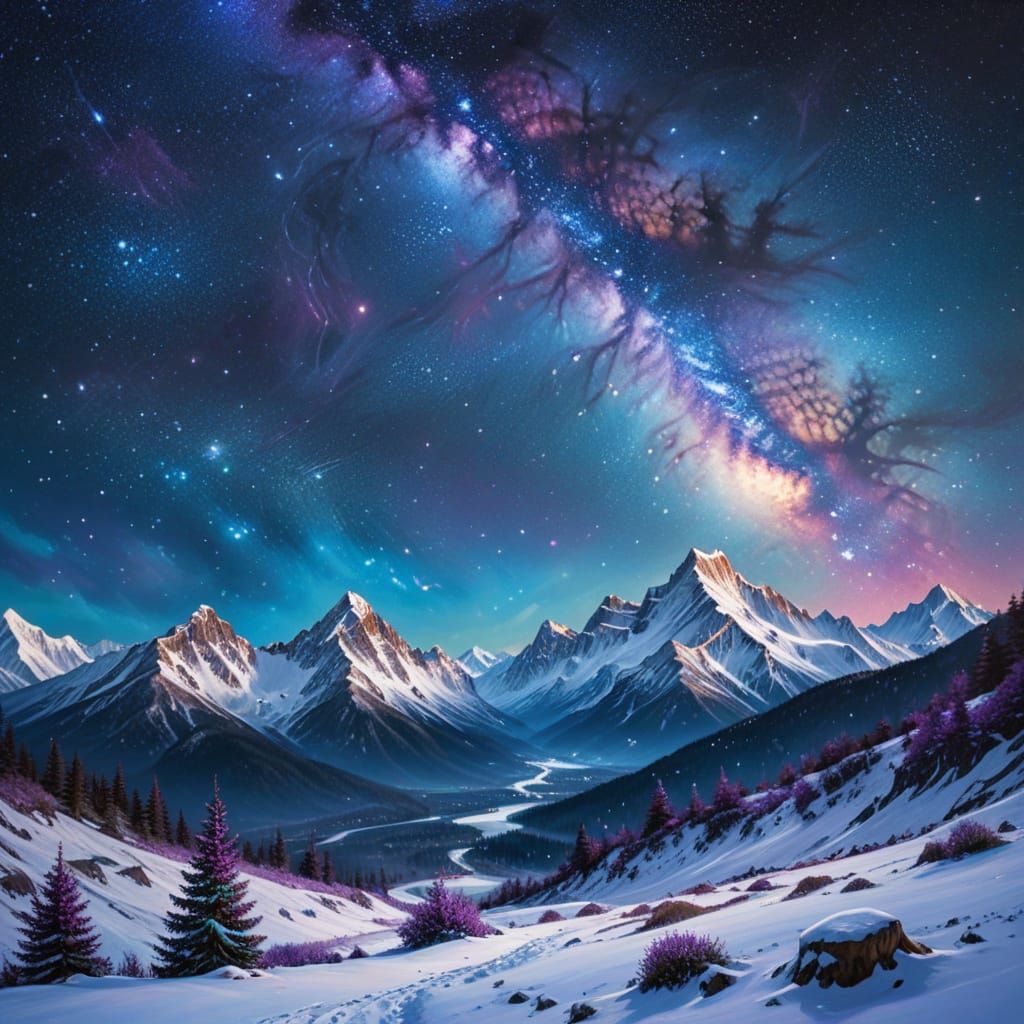 Snowy Mountains Under Starry Night Sky