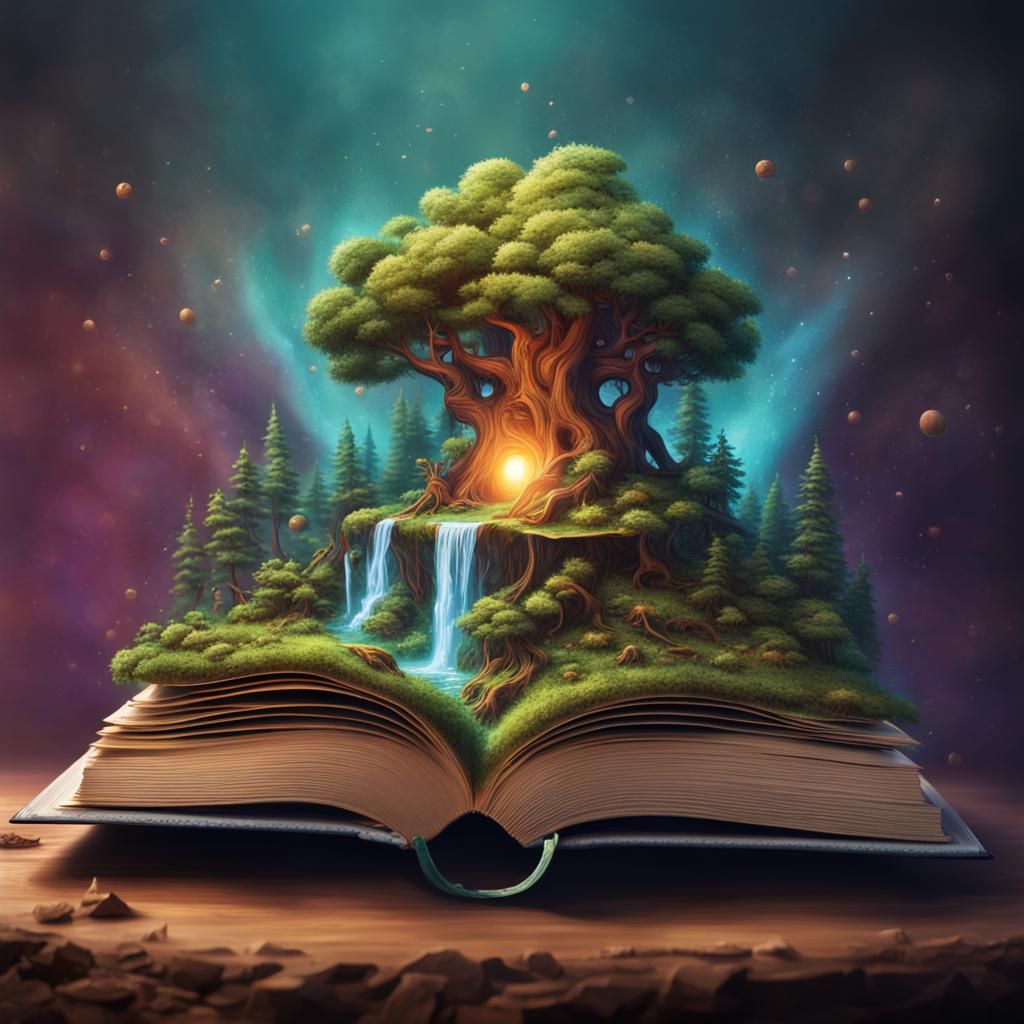 Magical Book with Forest, Hyperrealistic Splash Art