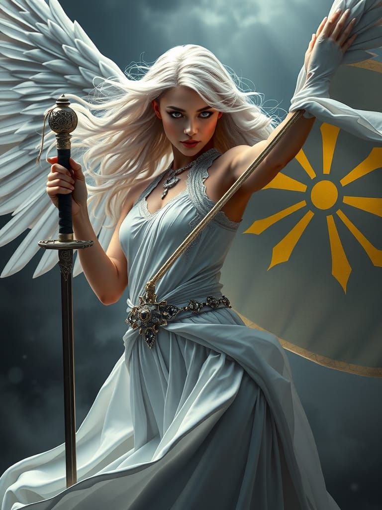 Menacing Angel Waving Macedonian Flag in Victory