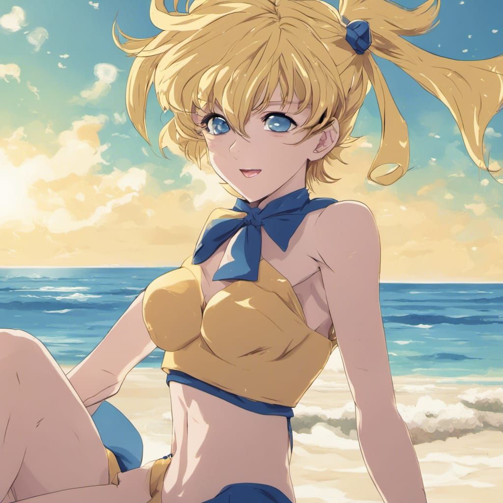 Sailor Uranus Beach Scene in Anime Style