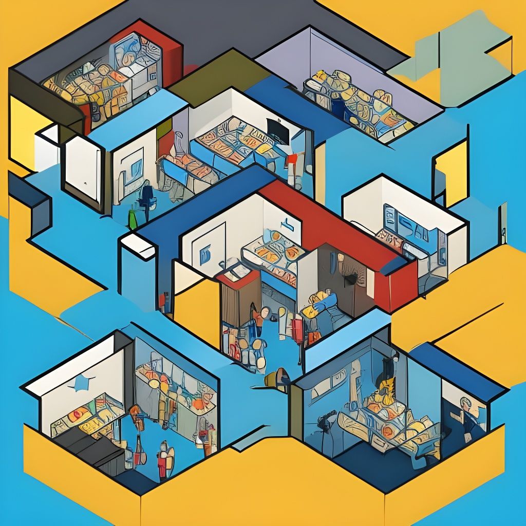 Isometric View of Crowded Apartment in Bauhaus Style