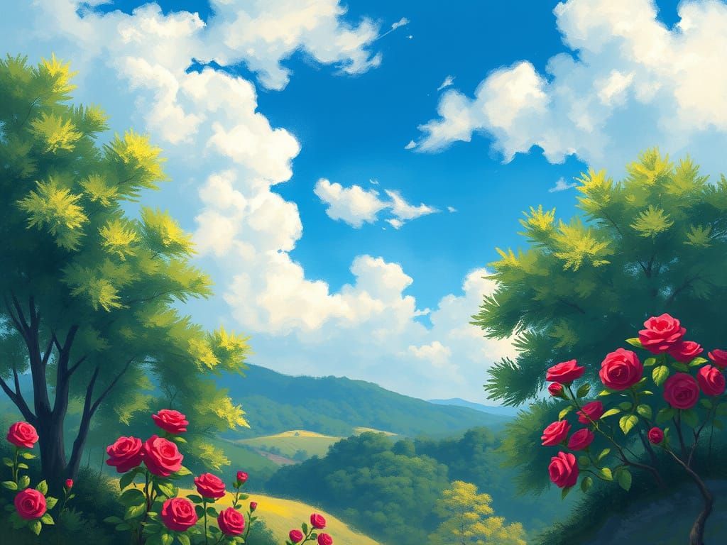 Vibrant Landscape with Roses in Impressionist Style