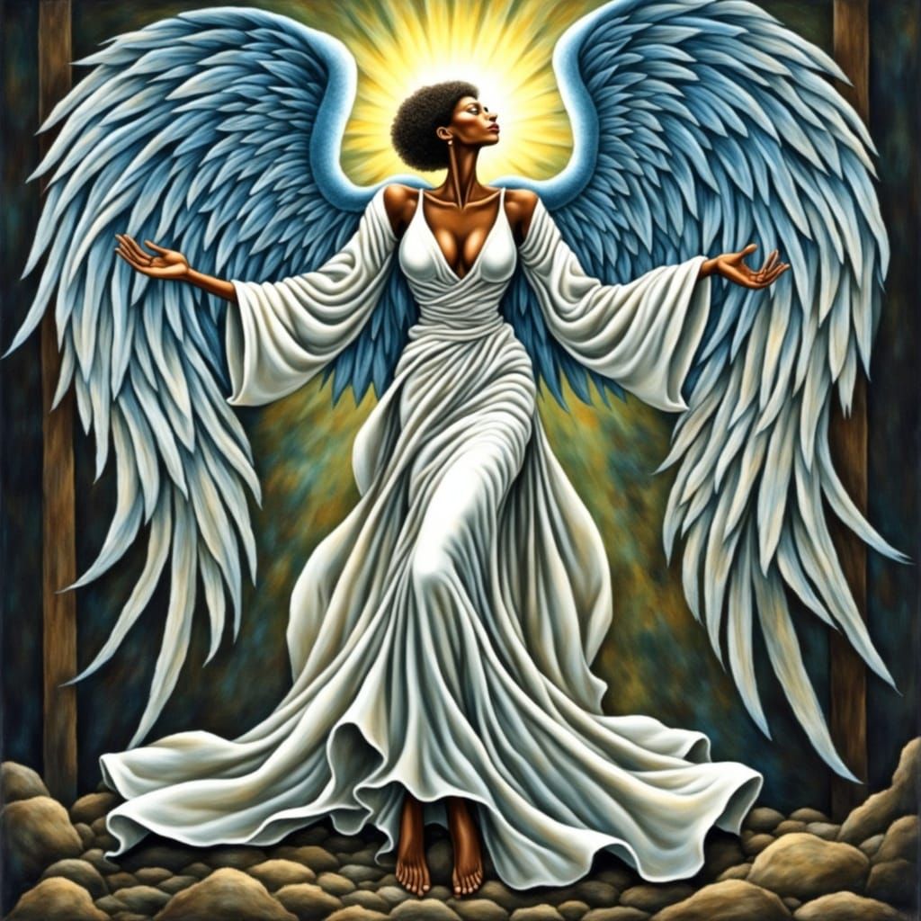 Angel with Glowing Blue Wings in Art Nouveau Style