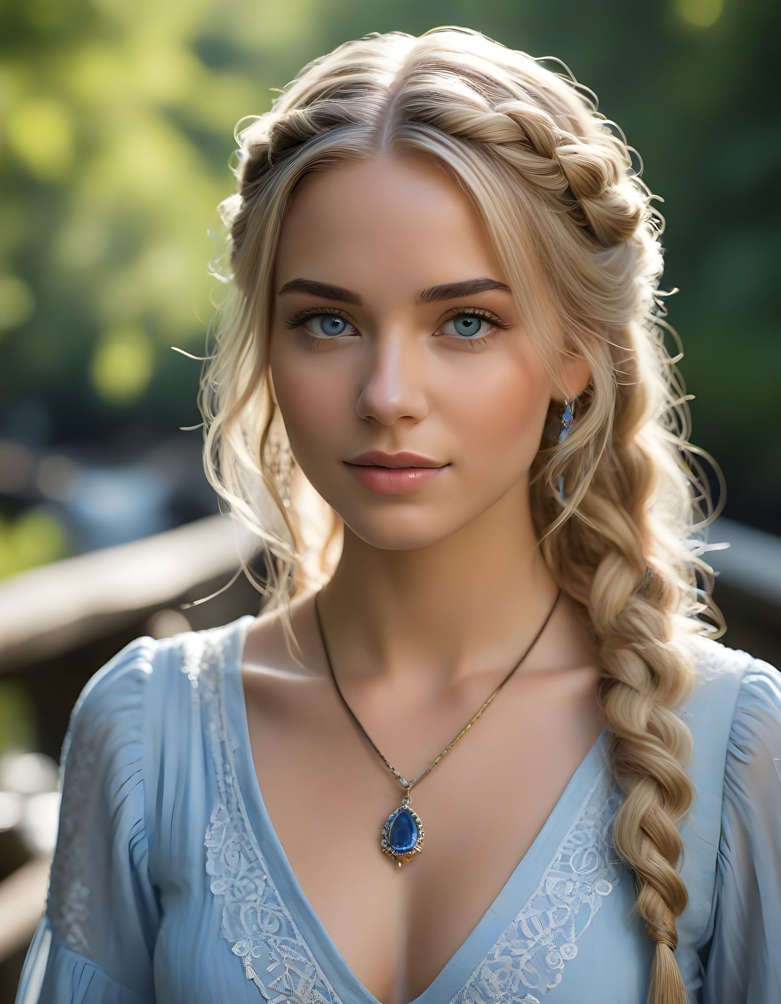 Norse Goddess on Wooden Bridge in Bubbling Brook