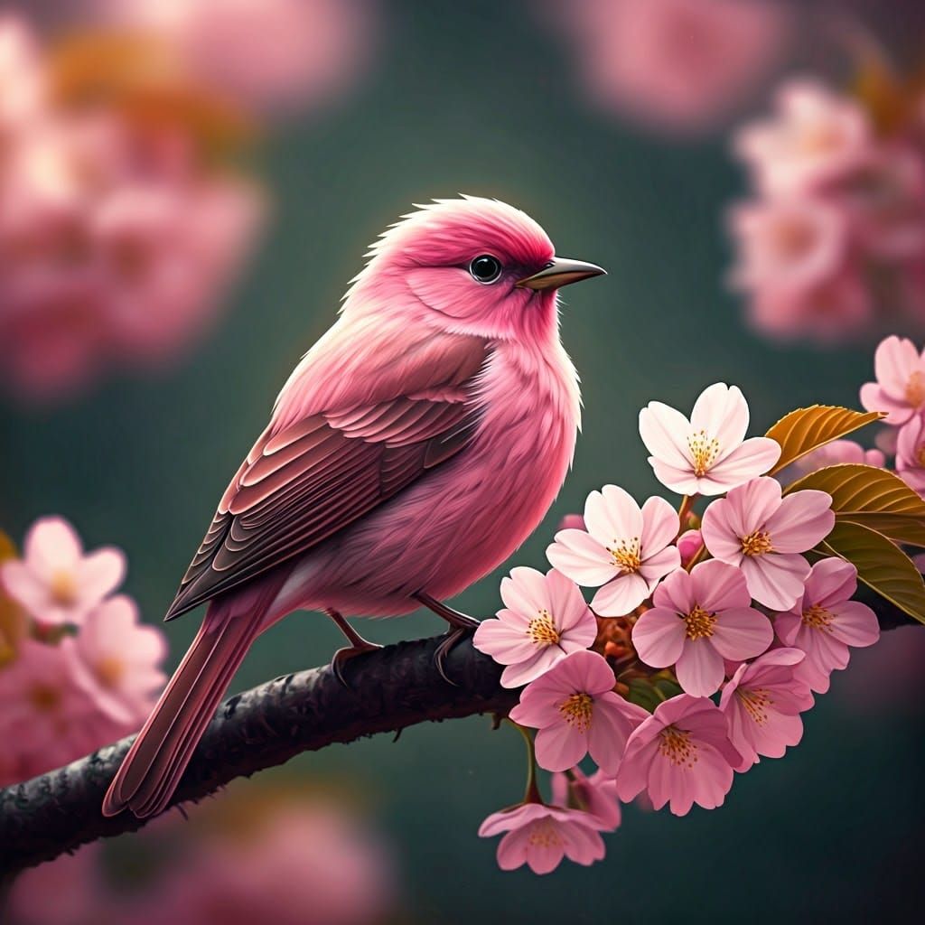 Pink Bird in Sakura Tree Watercolor Painting