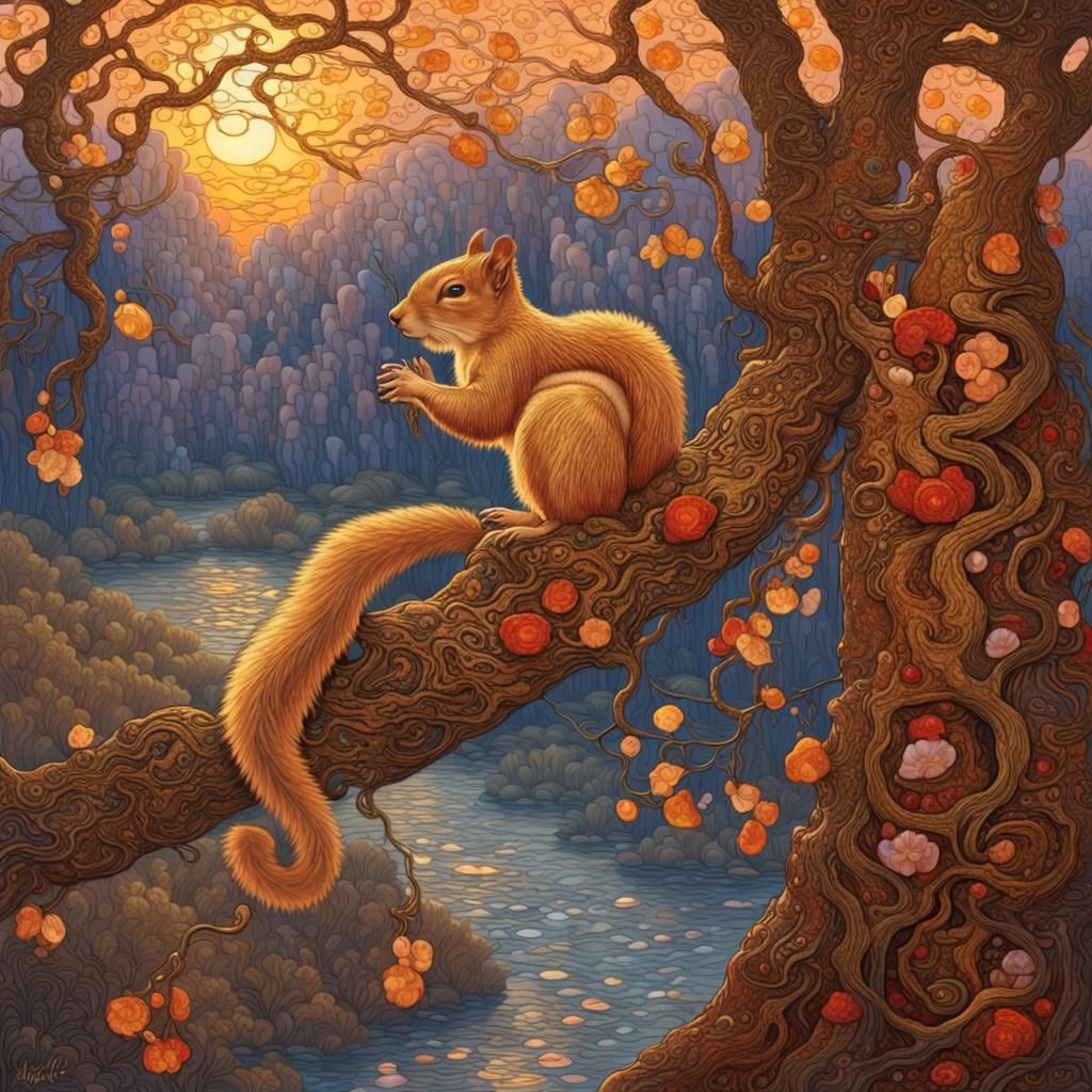 Squirrels in Klimt-Inspired River Landscape