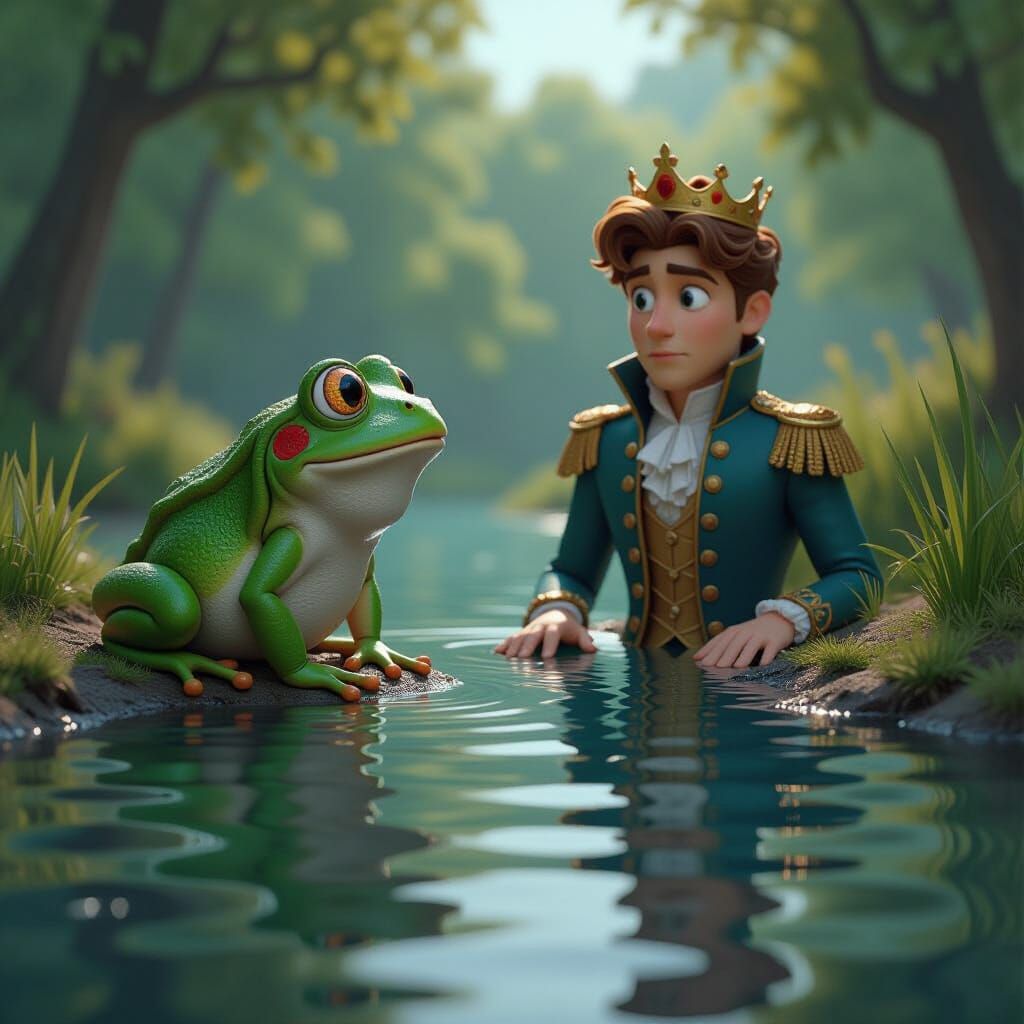 Surprised Frog Finds Prince Reflection in 3D Art