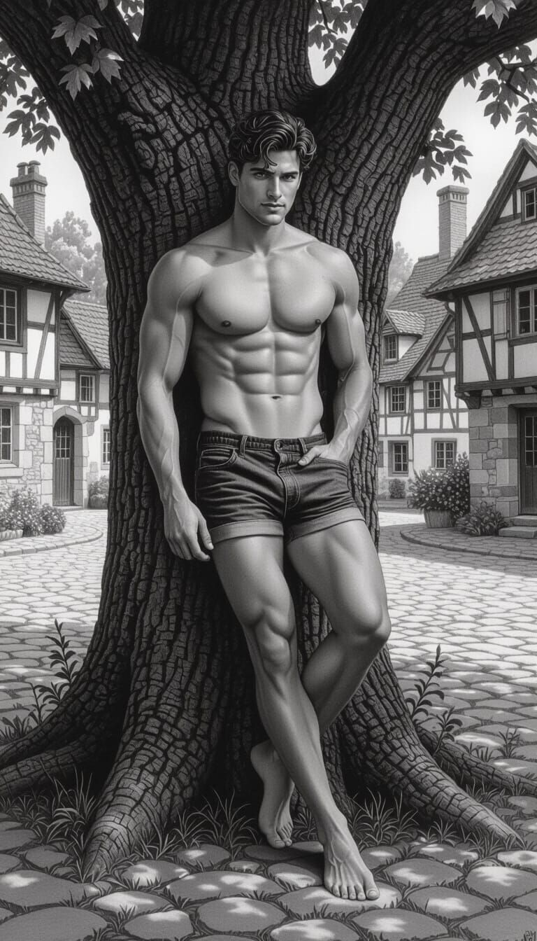 Gay Man in Rural Village, Black and White Drawing