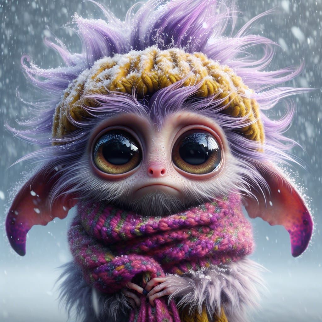 Whimsical Creature Seeks Shelter in Snowfall