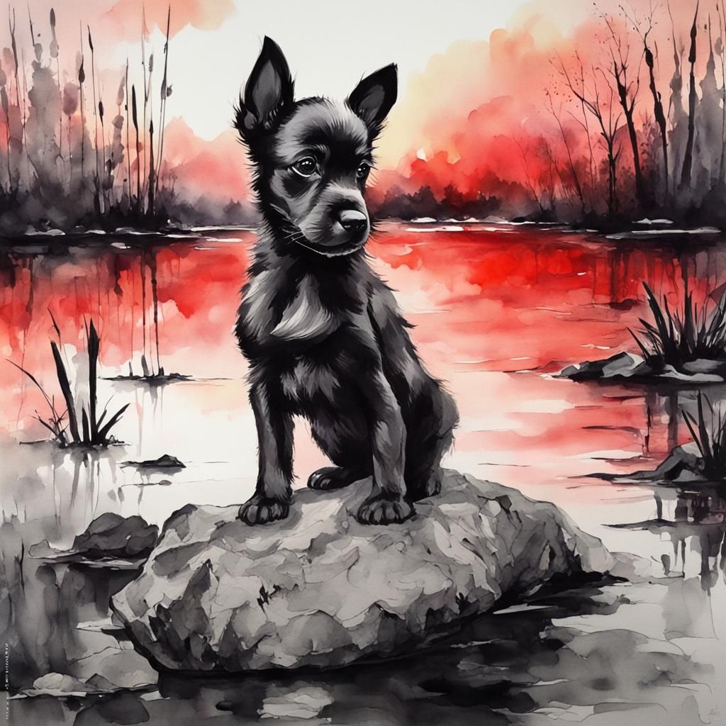 Puppy on Rock: Watercolor Painting in Tropical Landscape