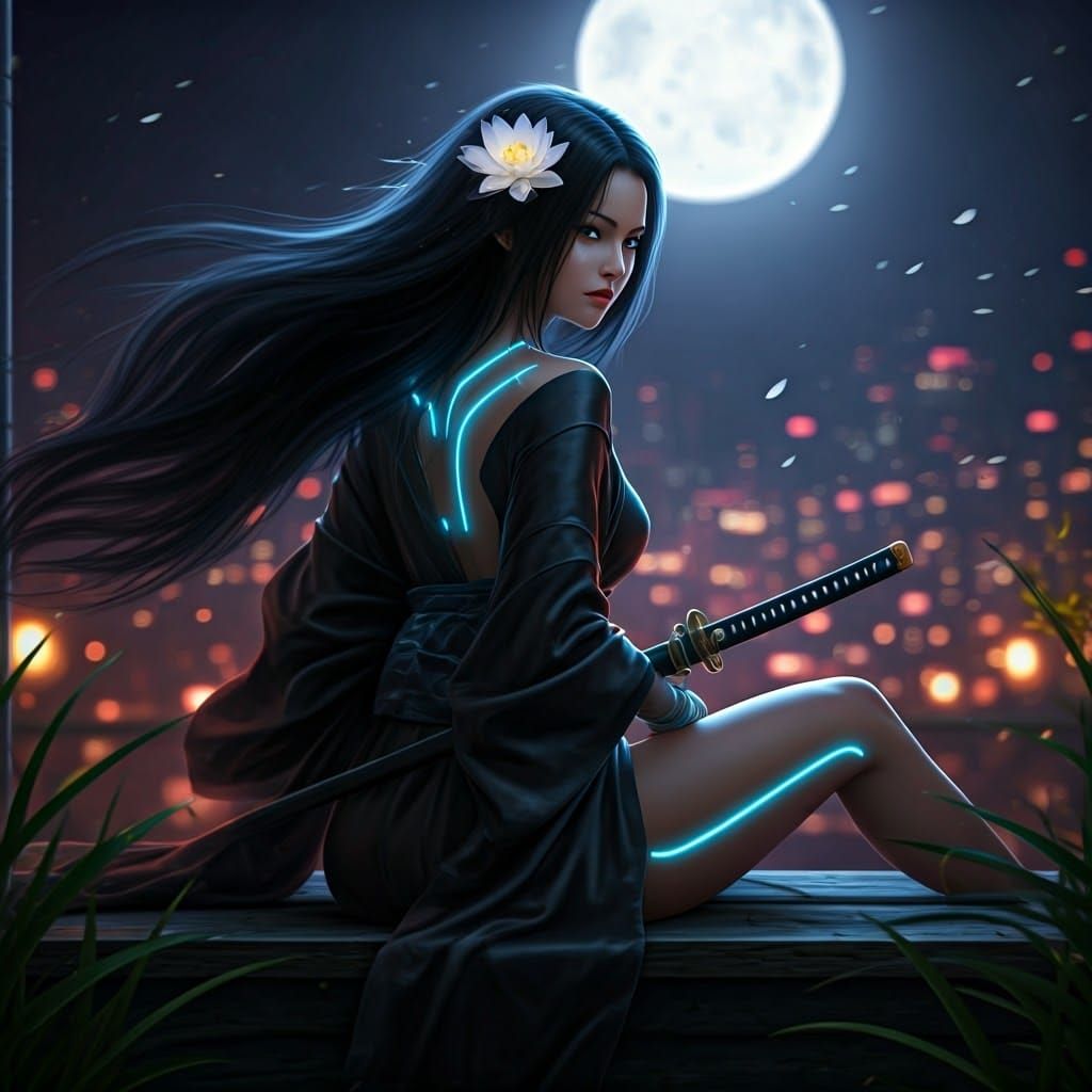 Ethereal Ronin in Floating Garden, Cyberpunk Style