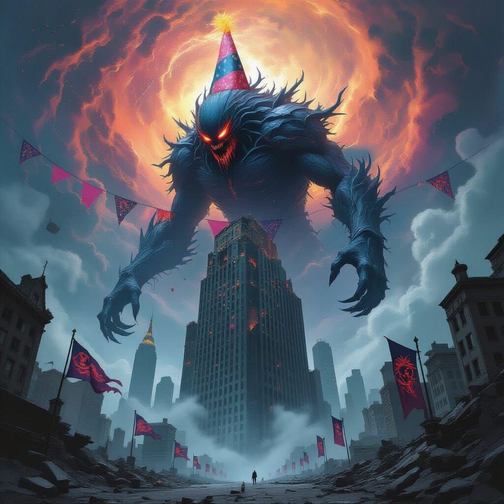 Cosmic Birthday Party Over Ruined City