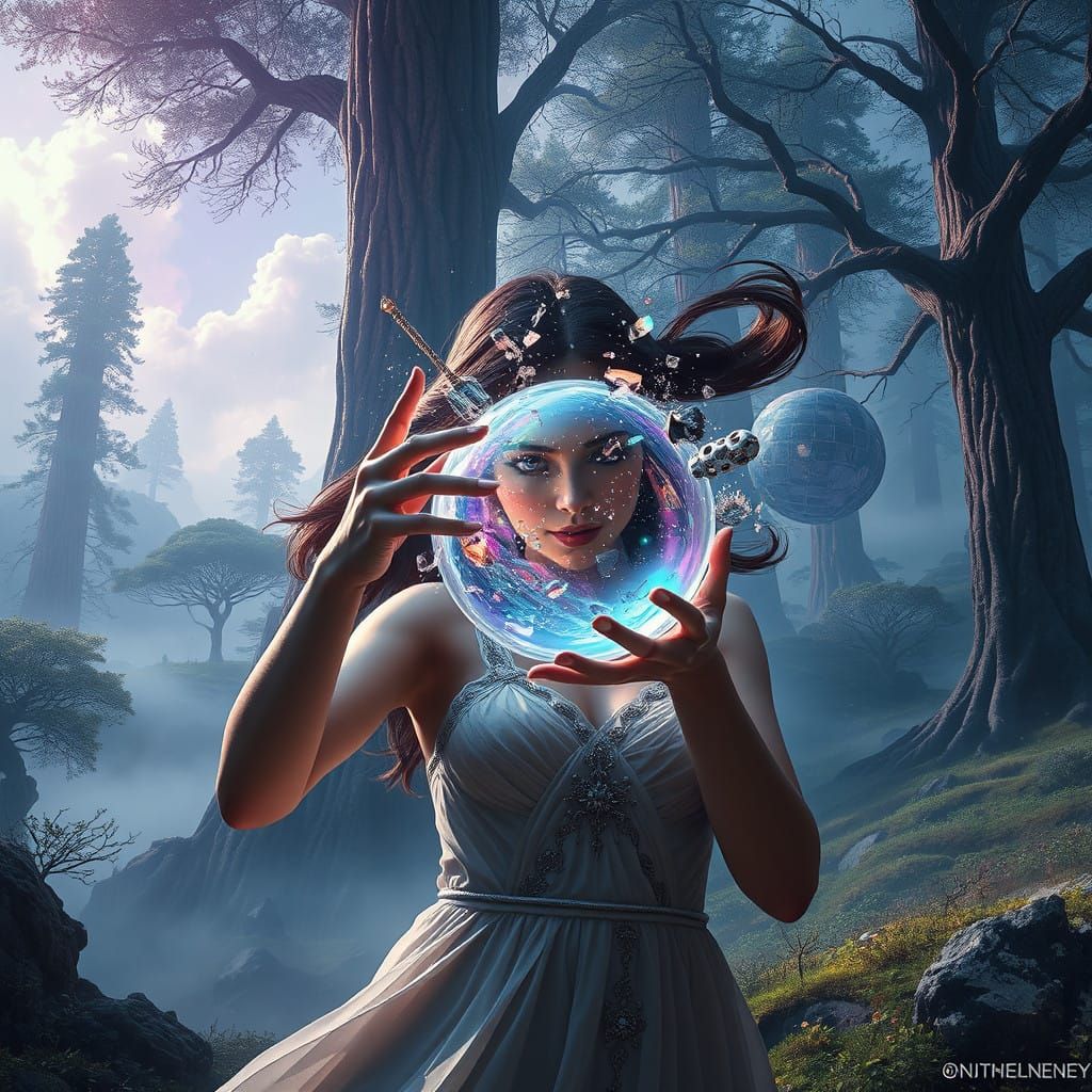 Surreal Goddess Shatters Ethereal Orb in Dreamlike Landscape
