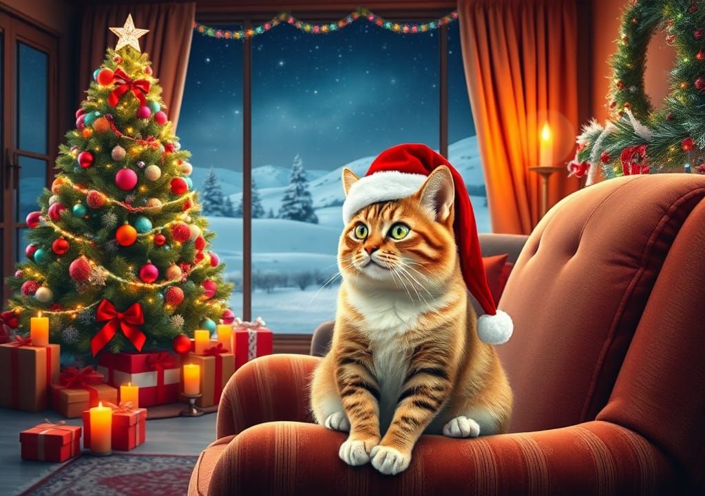 Festive Cat in Santa Hat, Christmas Scene