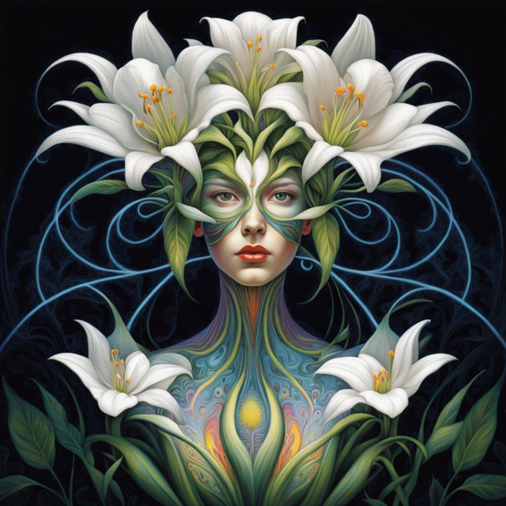 Surreal Botanical Brain with Floral Woman in Art Deco Style