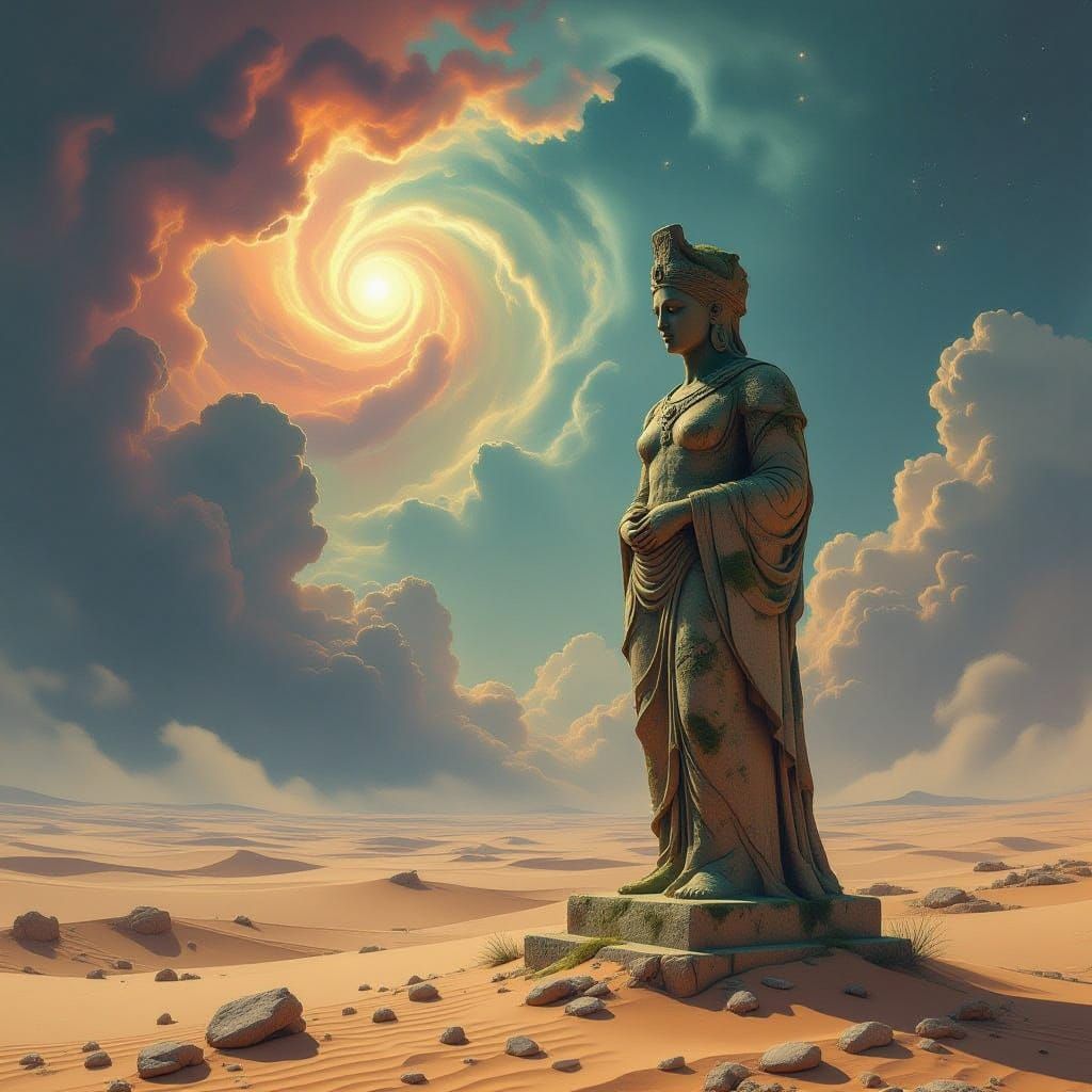 Ancient Stone Statue in Ethereal Desert Nebula