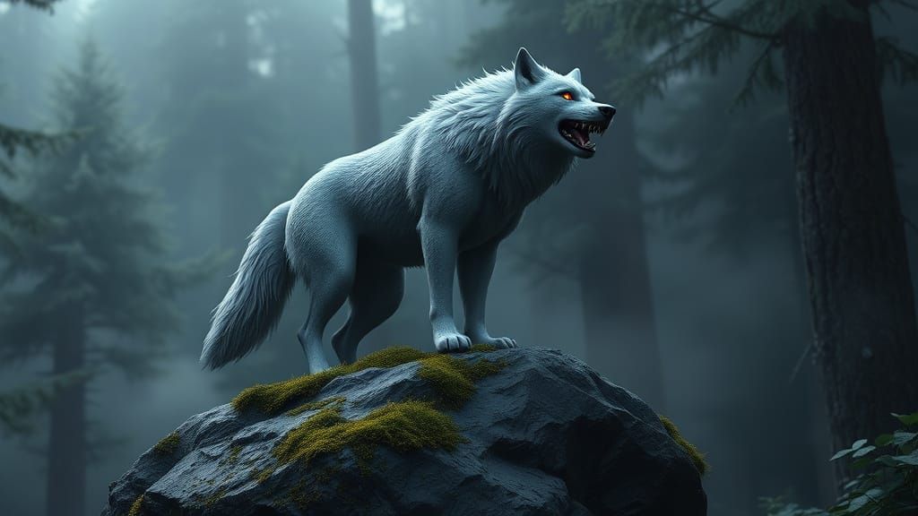 Gray Wolf Hero in a Dark, Misty Forest
