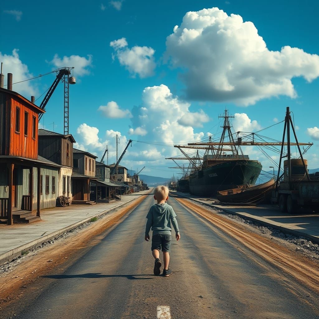 Zombie Boy Walks Coastal Road in Matte Painting Style
