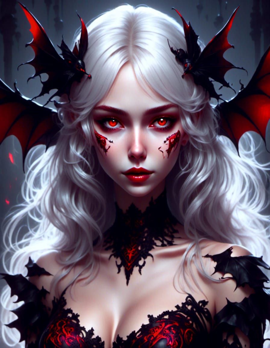 Manga comic Beautiful Vampire Queen, white hair, red eyes, black and red evening dress, bat wings, 8K resolution <lora:G...