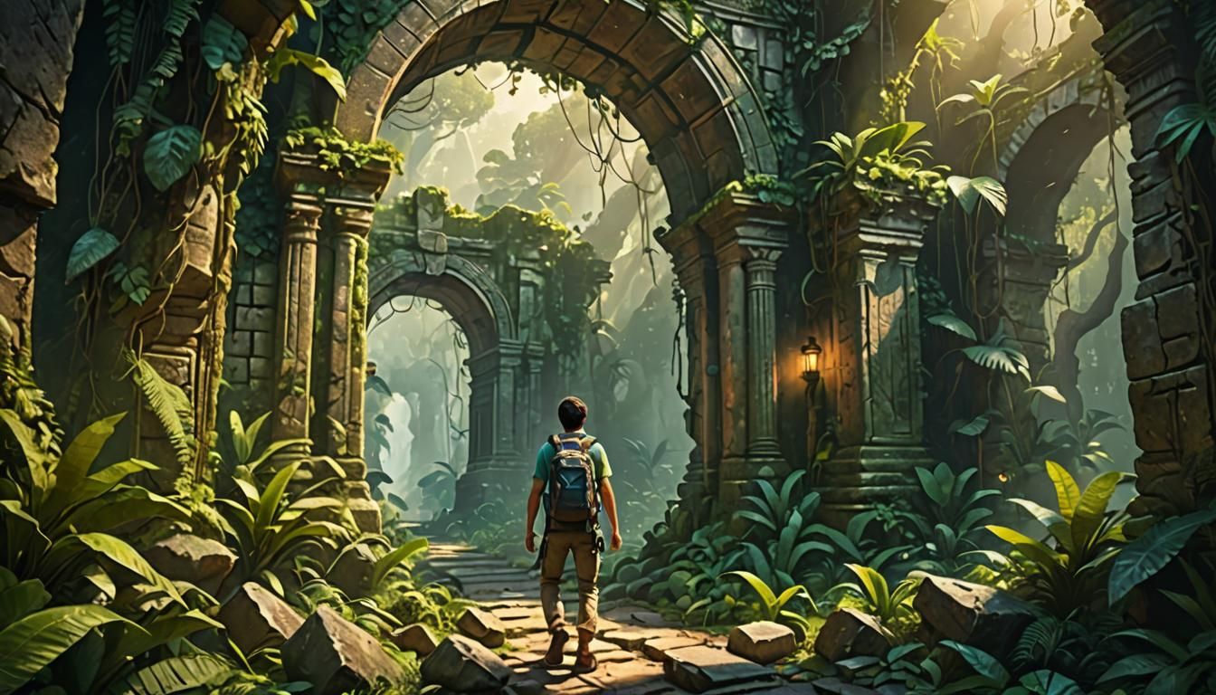 Explorer Enters Jungle Archway in Digital Art