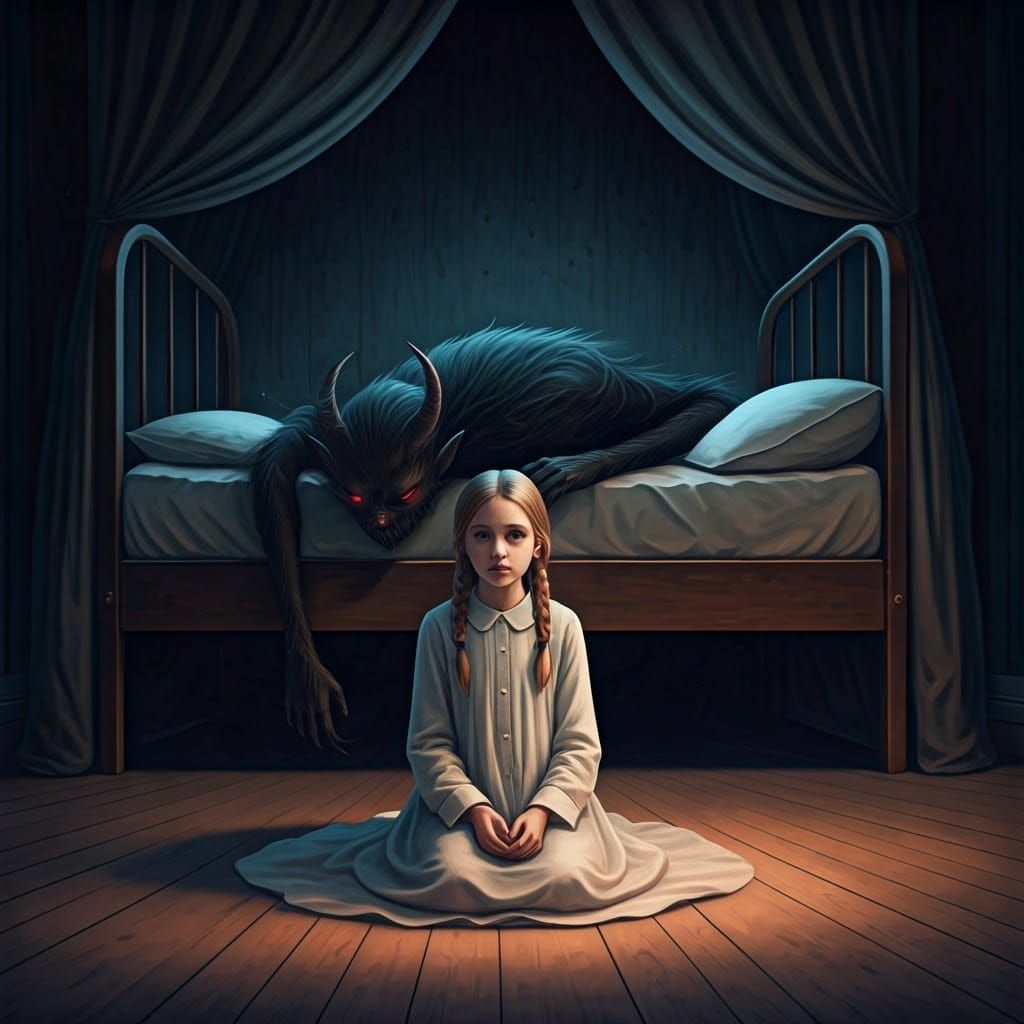 Dark Surreal Sculpture of Girl with Braids and Ominous Figur...