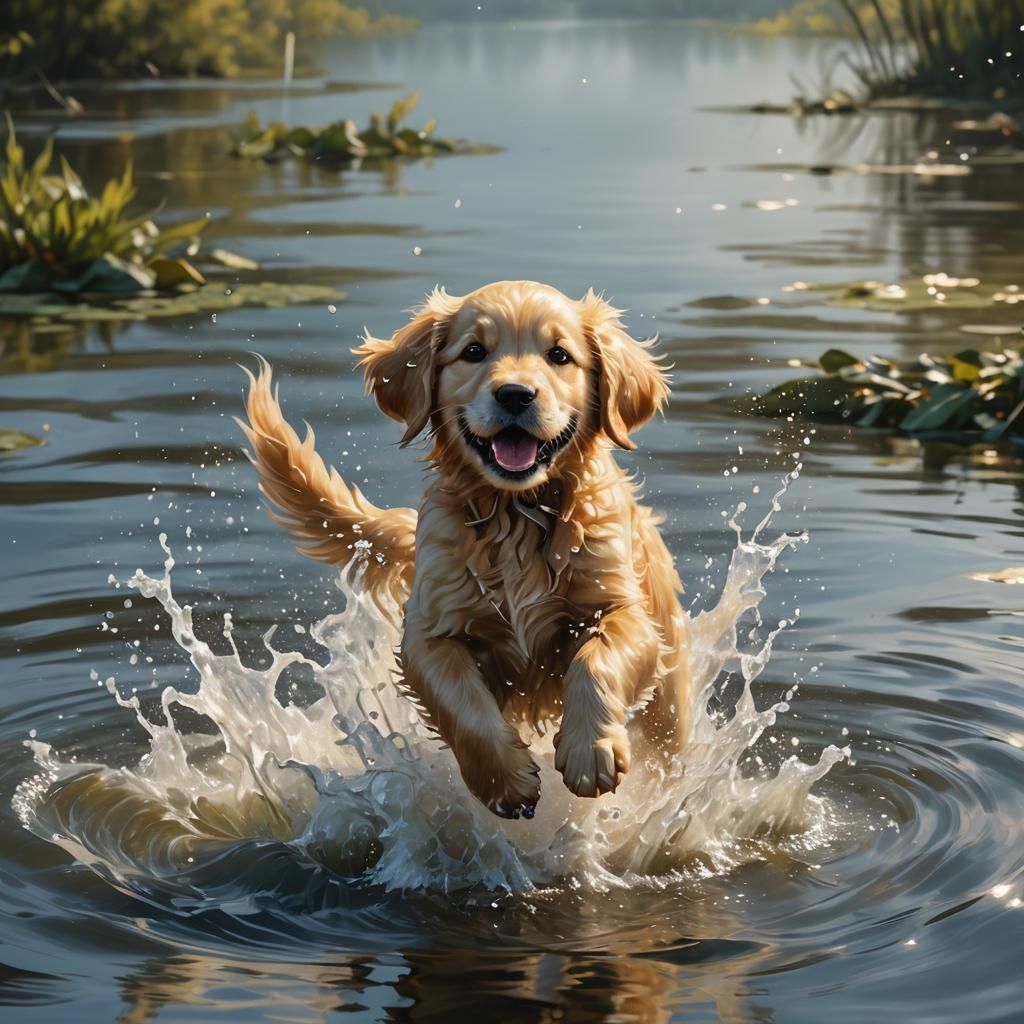 Golden Retriever Puppy in Lake: Oil Painting