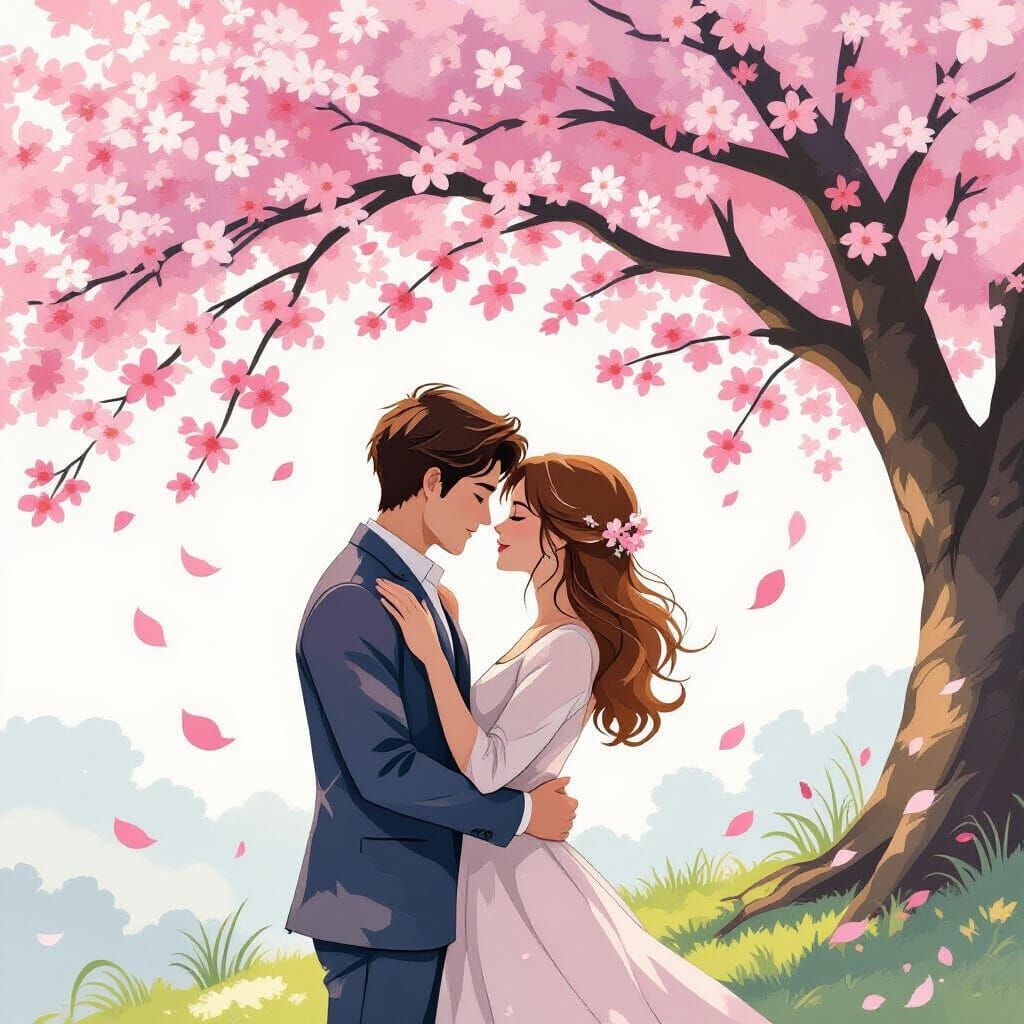 Silhouetted Lovers Under Blooming Tree in Storybook Style