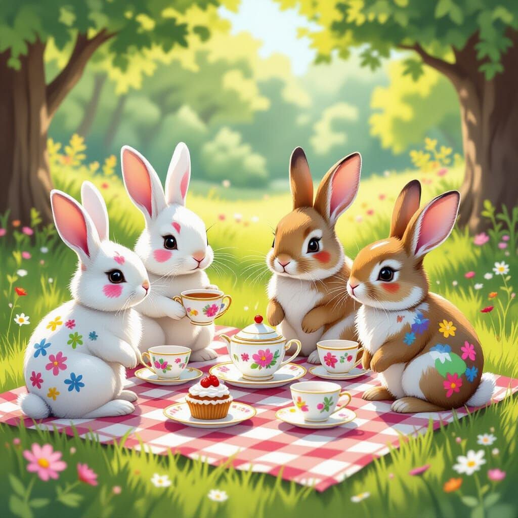 Whimsical Rabbit Tea Party in Storybook Style