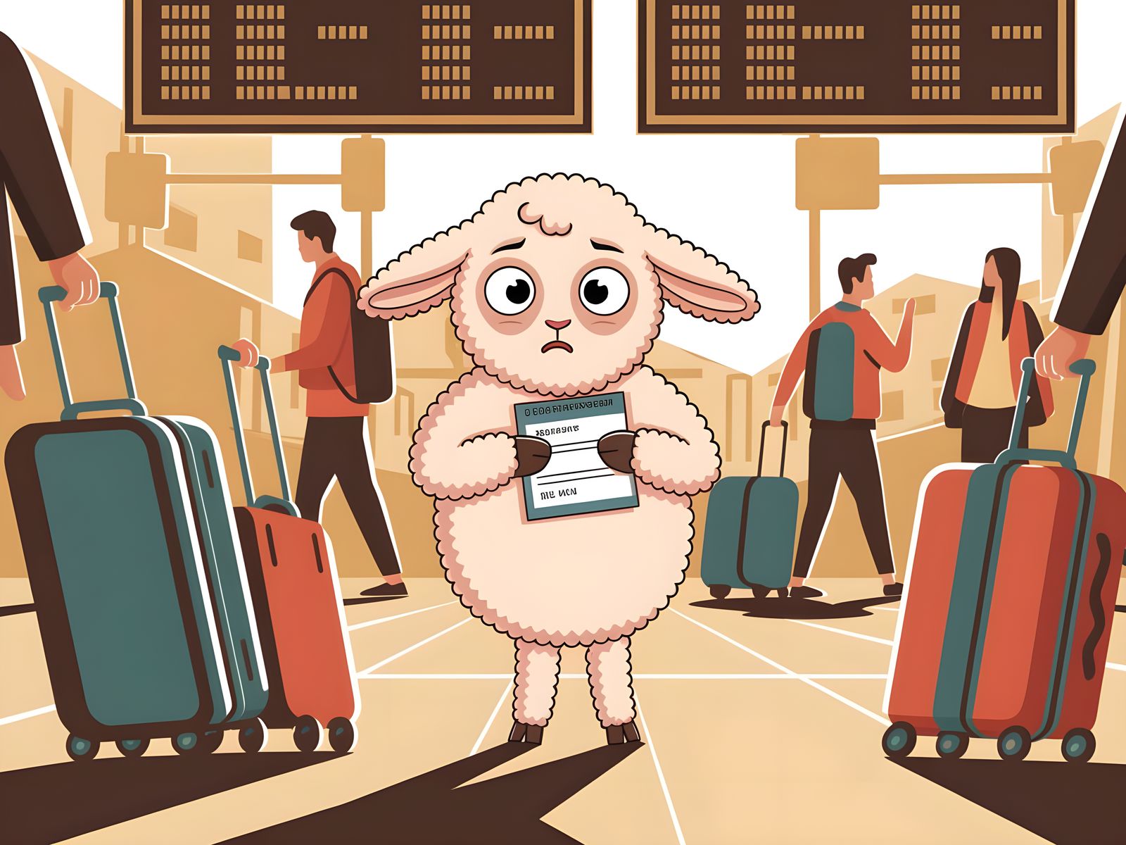 Anxious Lamb at Airport Terminal Illustration