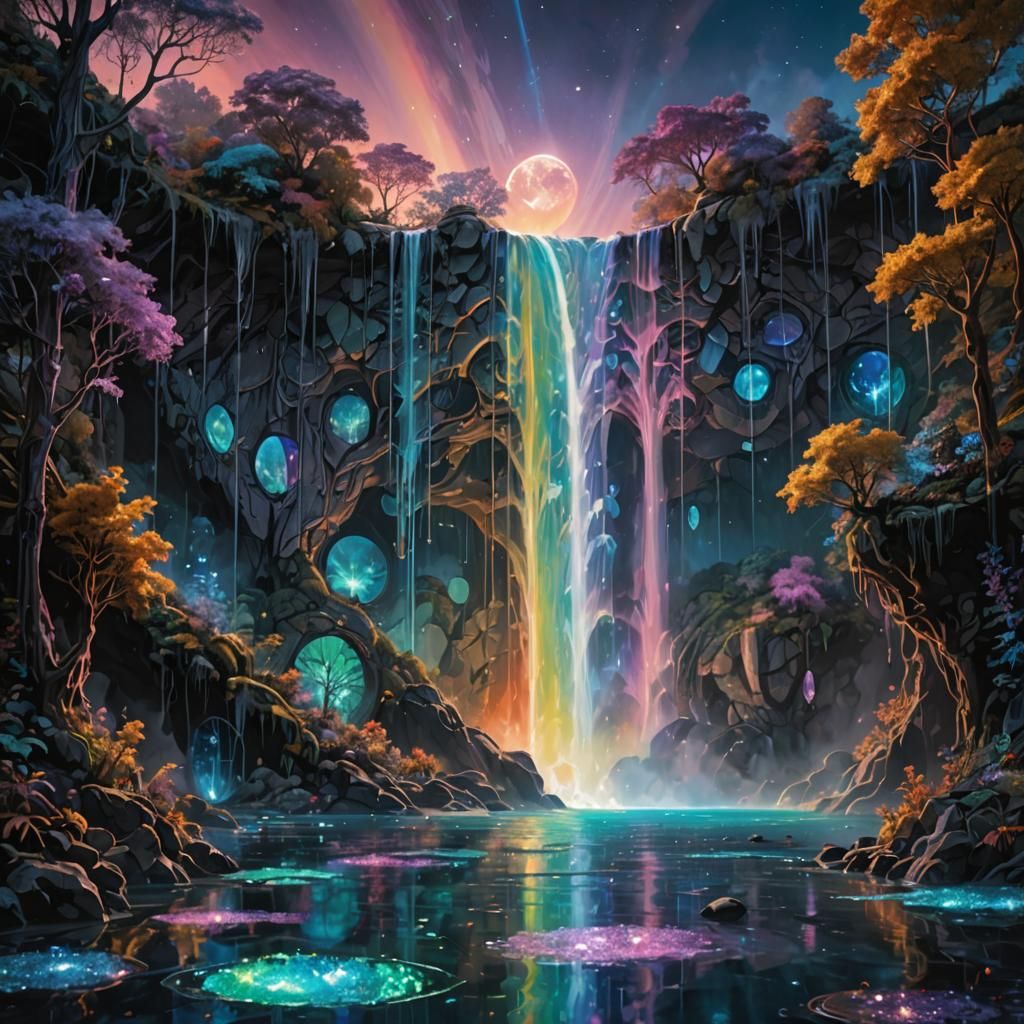 Polychromatic Glass Waterfall with Bioluminescent Pools
