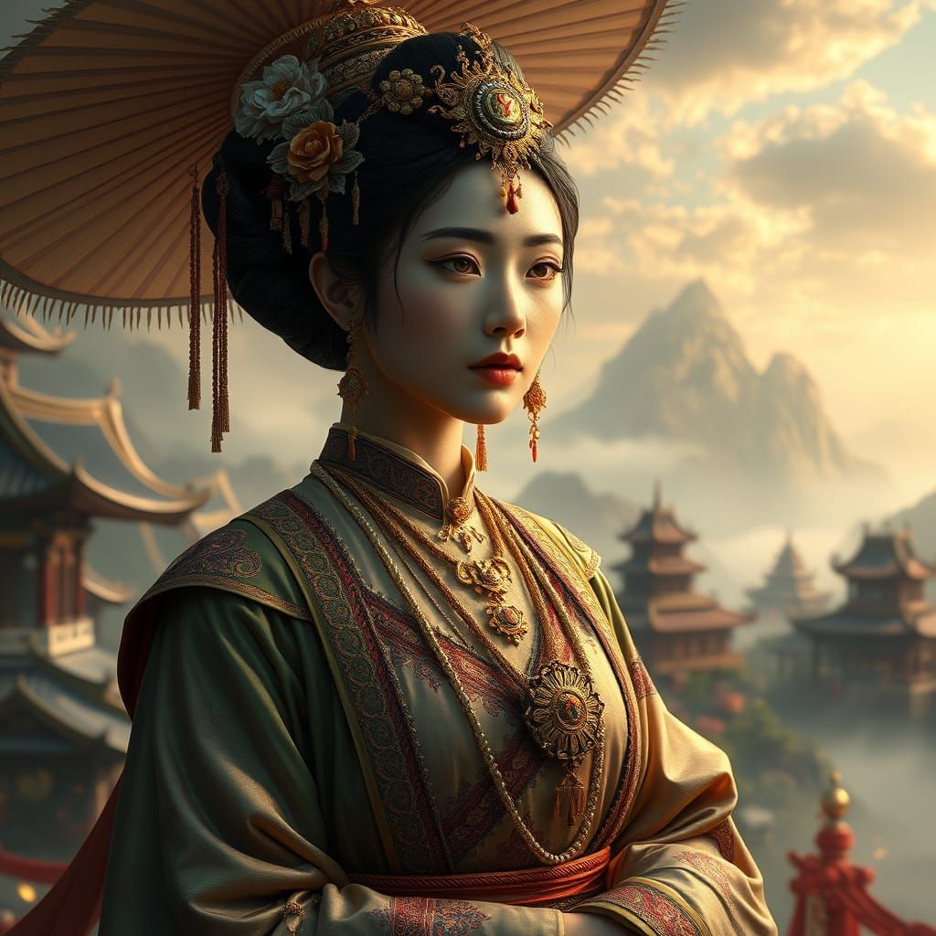 Regal Asian Woman in Whimsical Fantasy Landscape
