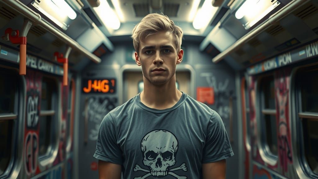 Hyperrealistic Portrait of a Man on a Subway Train