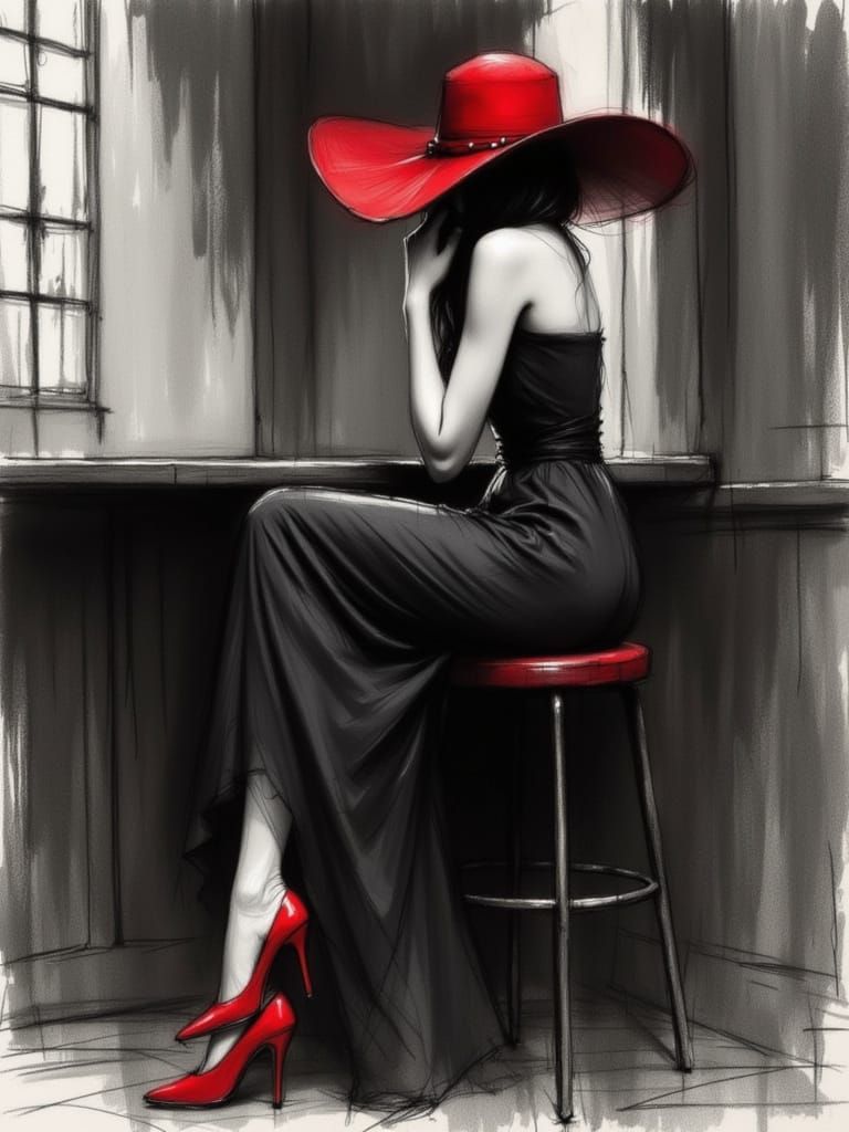 Monochrome Charcoal Drawing: Woman in Red Hat