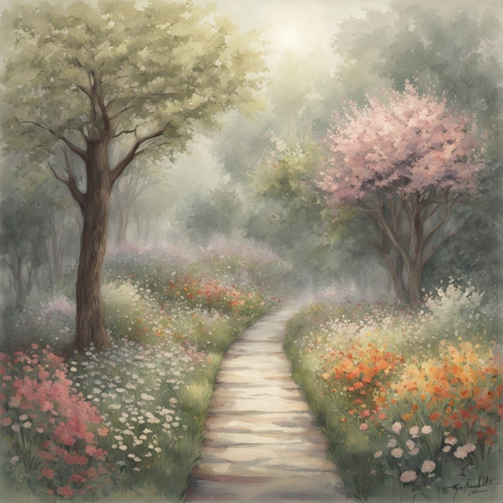 Vintage Pencil Drawing of a Quaint Bicycle in a Misty Garden