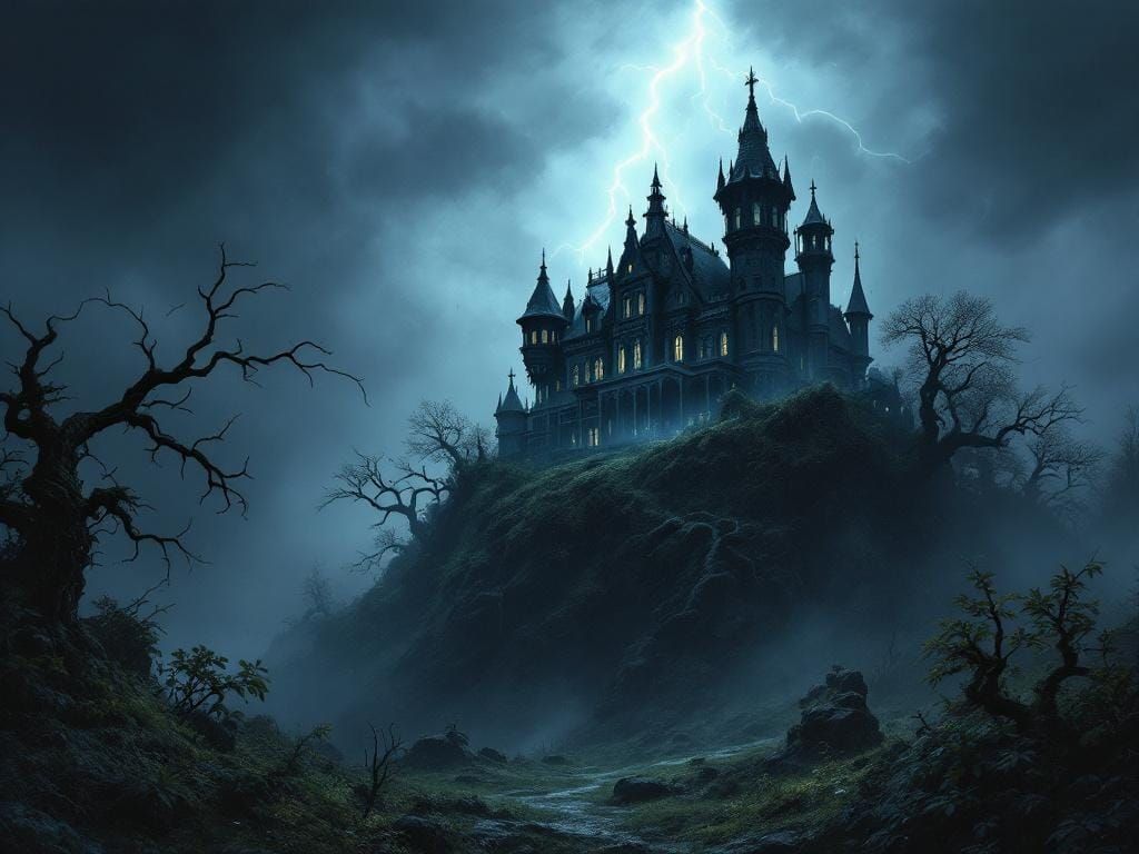 Gothic Revival Mansion Amidst Stormy Sky
