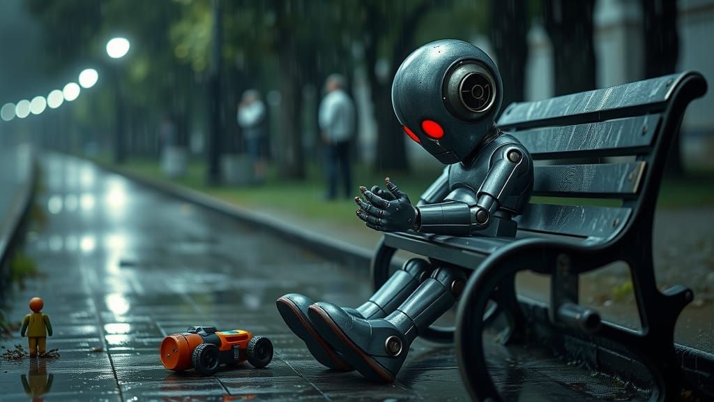 Melancholic Robot's Existential Crisis in Rain