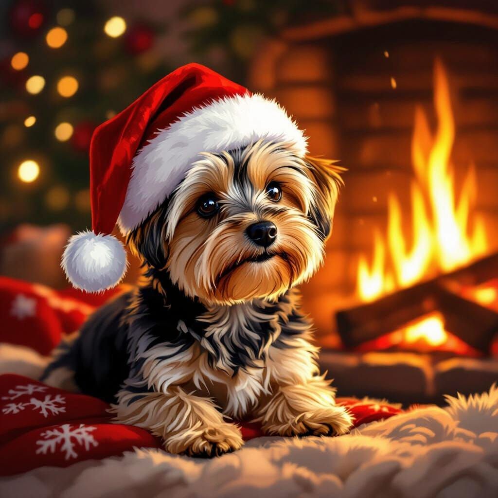 Cute Yorkie in Santa Hat by Cozy Fireplace