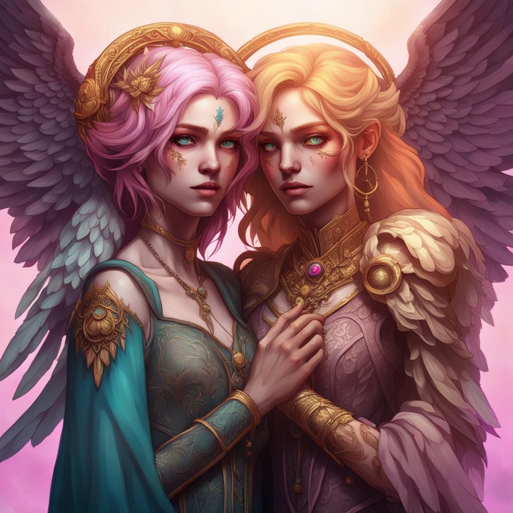 Gothic Reaper and Angel Embrace in Art Nouveau Style