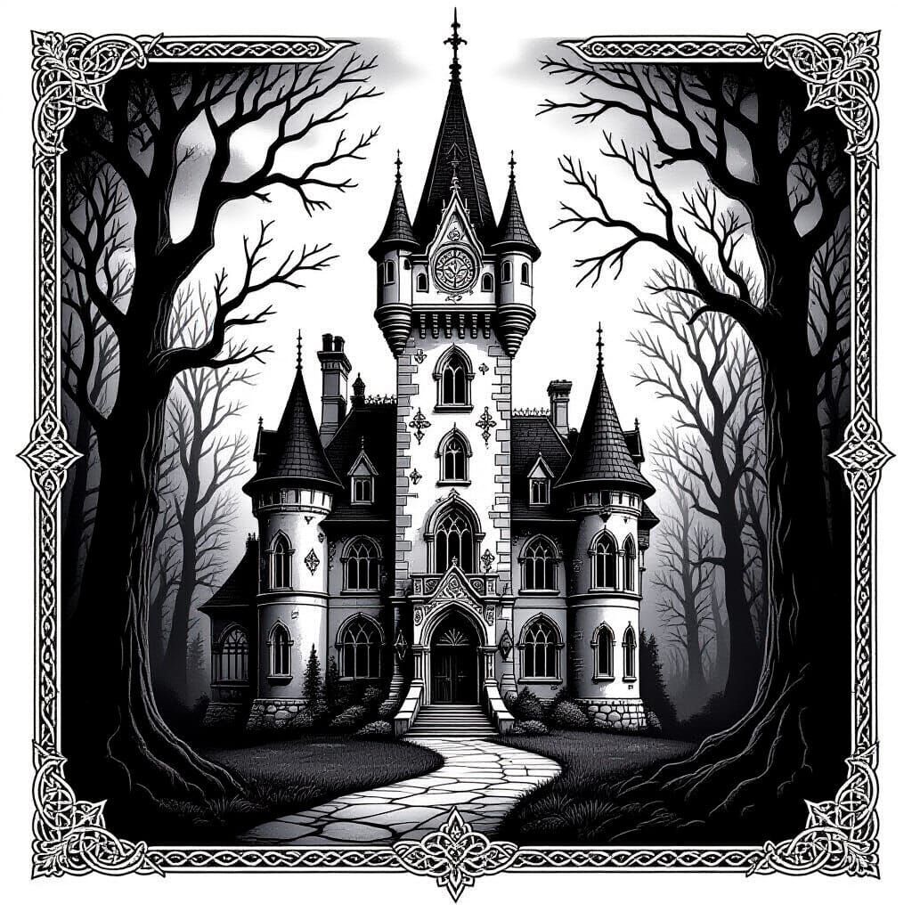 Gothic Manor Tattoo in Dark Forest