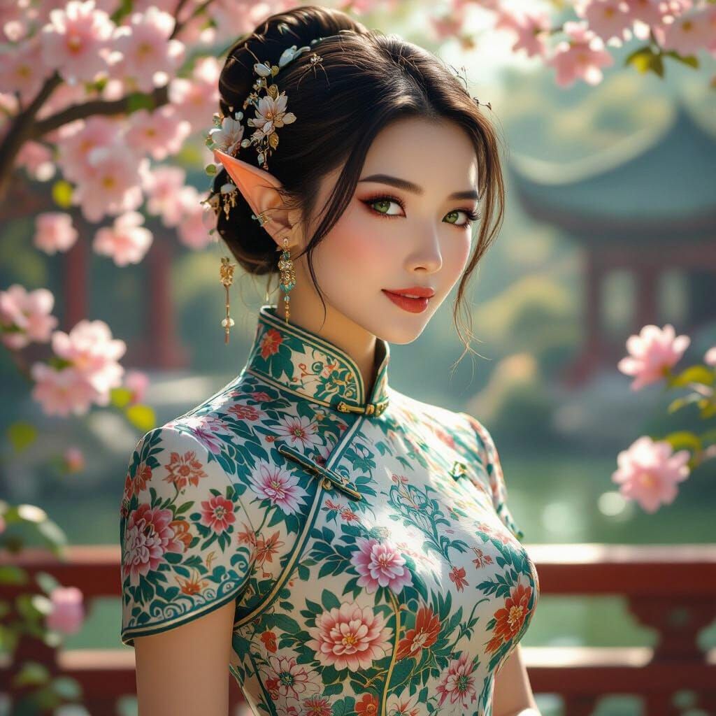 a lady elf in a qipao